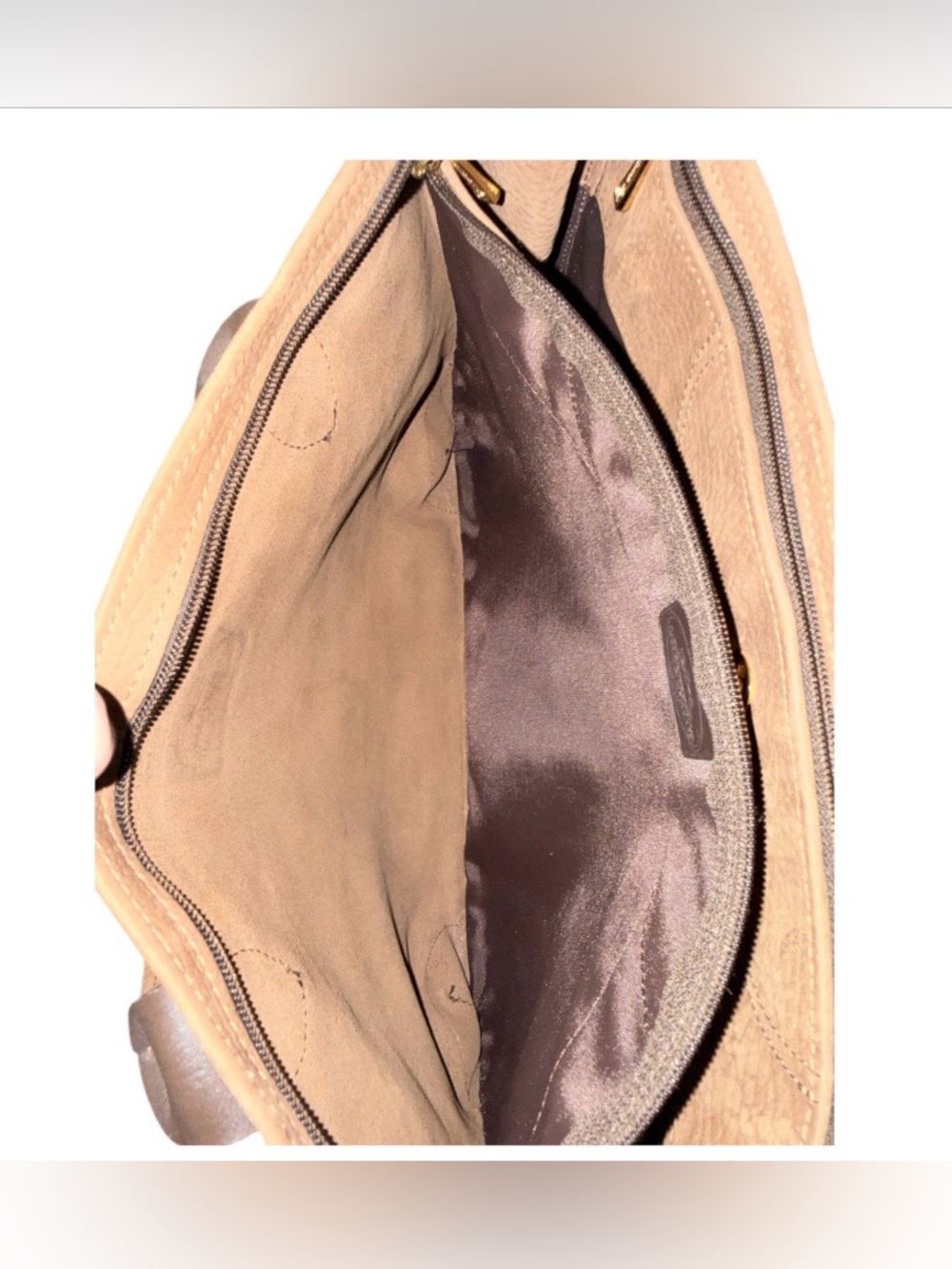 Vintage Longchamp dark tan suede large tote bag with dual rolled top handles - Picture 5 of 9